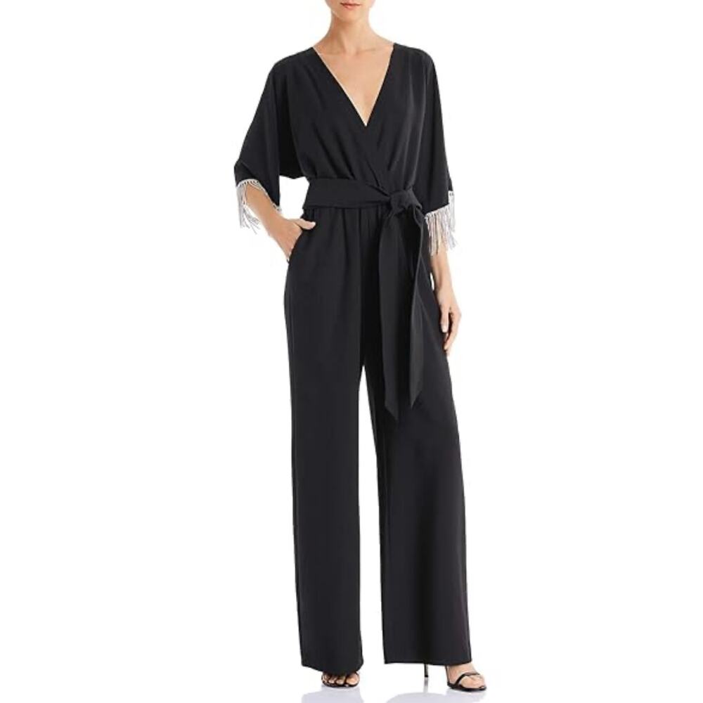 Laundry by Shelli Segal Fringed Wrap Wide Leg Pant Jumpsuit Black Size 10